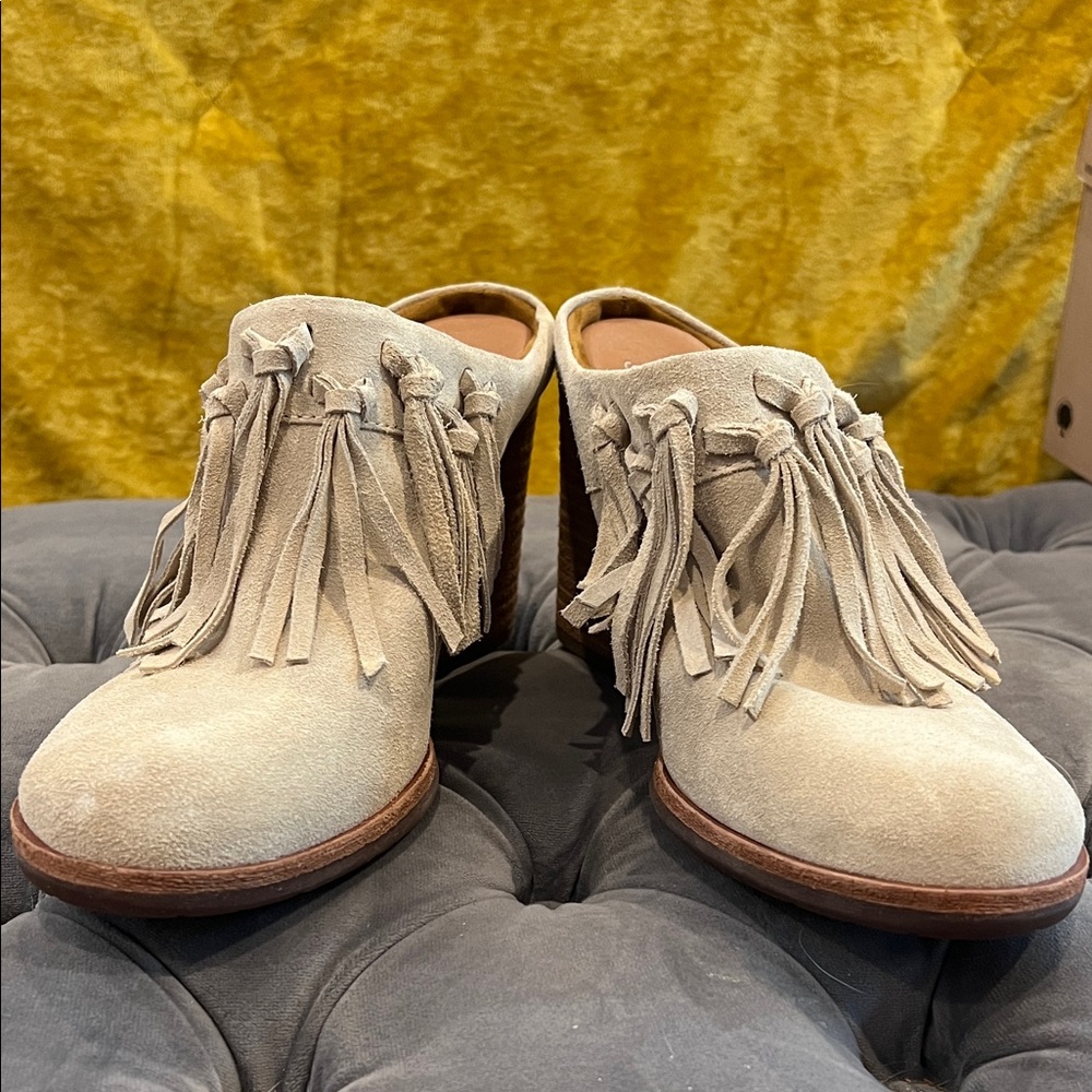 Kork-Ease Cream Fringe Suede Mules